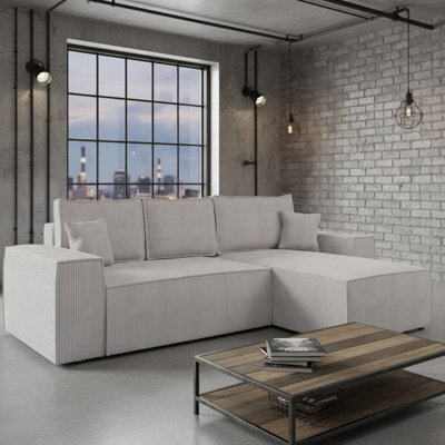 Malaga L Shaped Mdf Corner Sofa Bed With Storage Dl Pull Out Seat Loose Back Cushions 279X94X181 Light Grey Corduroy Right - image 1