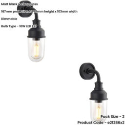 Loops 2 Pack Ip44 Outdoor Wall Light - Textured Black Industiral Frame Clear Glass Shade - Garage Porch Lamp - thumbnail 2