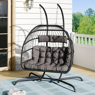 Thehotsale Double Swing Egg Chair With Stand Large 2 Person Outdoor Wicker Twins Basket Hanging Chair For Garden Balcony Outdoor - image 1