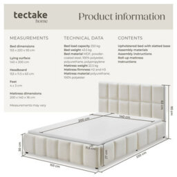 Tectake Upholstered Bed Set With Mattress, 2 Firmness Levels, 250 Kg 140 X 200 Cm -  30 Cm -  Teddy Cream - thumbnail 6