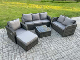 Fimous Rattan Garden Furniture 5 Piece Patio Set With Table Sofa Square Coffee Table Reclining Chair Loveseat Sofa Big Footstool - thumbnail 2