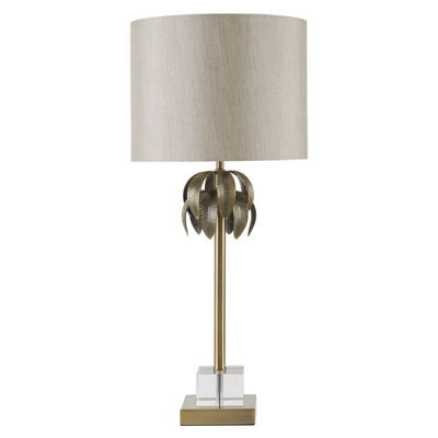 Orsina Antique Brass Leaf Table Lamp With Grey Shade, Textured Metal Leaves On Crystal Base, Luxe Accent Table Lamp - image 1