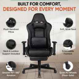 Home Treats Black Suede Gaming Chair With Footrest, Computer Chair With Added Lumbar Support - thumbnail 4