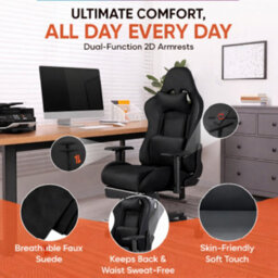 Home Treats Black Suede Gaming Chair With Footrest, Computer Chair With Added Lumbar Support - thumbnail 2