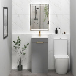 Royal Bathrooms Royal Bathroom Turin 400mm Floor Standing Cloakroom Vanity Unit Ceramic Basin 1 Door Indigo Grey Gloss With Brushed Brass Handle - thumbnail 4