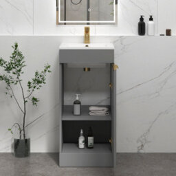 Royal Bathrooms Royal Bathroom Turin 400mm Floor Standing Cloakroom Vanity Unit Ceramic Basin 1 Door Indigo Grey Gloss With Brushed Brass Handle - thumbnail 5