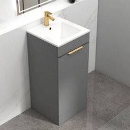 Royal Bathrooms Royal Bathroom Turin 400mm Floor Standing Cloakroom Vanity Unit Ceramic Basin 1 Door Indigo Grey Gloss With Brushed Brass Handle - thumbnail 6