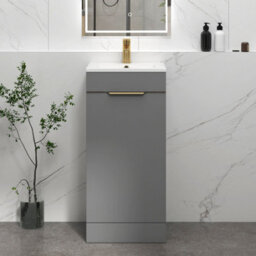 Royal Bathrooms Royal Bathroom Turin 400mm Floor Standing Cloakroom Vanity Unit Ceramic Basin 1 Door Indigo Grey Gloss With Brushed Brass Handle - thumbnail 1