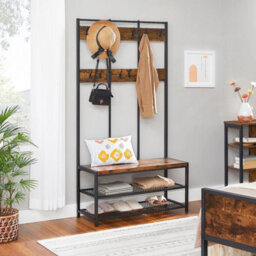 Songmics Vasagle Large Coat Rack, Hat And Coat Stand With 12 Hooks And Shoe Bench In Industrial Design, Multifunctional Hallway Shelf - thumbnail 1