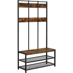 Songmics Vasagle Large Coat Rack, Hat And Coat Stand With 12 Hooks And Shoe Bench In Industrial Design, Multifunctional Hallway Shelf - thumbnail 4