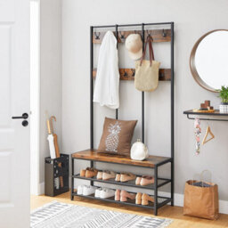 Songmics Vasagle Large Coat Rack, Hat And Coat Stand With 12 Hooks And Shoe Bench In Industrial Design, Multifunctional Hallway Shelf - thumbnail 2
