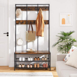 Songmics Vasagle Large Coat Rack, Hat And Coat Stand With 12 Hooks And Shoe Bench In Industrial Design, Multifunctional Hallway Shelf - thumbnail 3