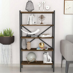 Urbn-Living Urbnliving 121Cm Height 5-Shelf Burnt Oak Wooden Bookcase With Metal Frame Home Décor Storage And Shelving Unit - thumbnail 2