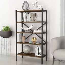 Urbn-Living Urbnliving 121Cm Height 5-Shelf Burnt Oak Wooden Bookcase With Metal Frame Home Décor Storage And Shelving Unit - thumbnail 3