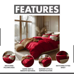 Ameha Plain Dyed Duvet Cover Complete Set With Matching Fitted Sheet & Pillowcase Microfiber King Burgundy - thumbnail 5