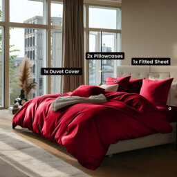 Ameha Plain Dyed Duvet Cover Complete Set With Matching Fitted Sheet & Pillowcase Microfiber King Burgundy - thumbnail 4