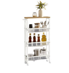 Modcraft Slim 4-Tier Kitchen Storage Trolley With Wheels - Oak & White, Narrow Rolling Cart For Small Spaces - thumbnail 3