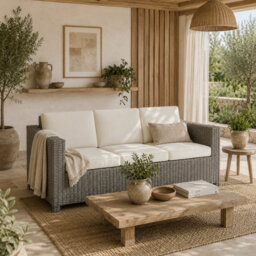 Wyld Haus Necolo 3-Seater Outdoor Rattan Sofa In Light Grey With Cream Cushions