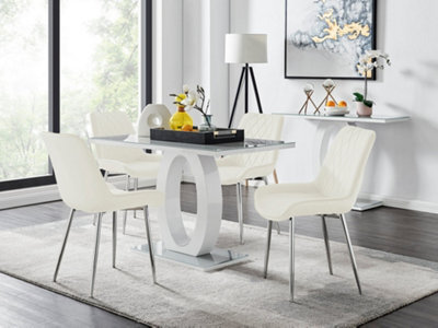 Furniturebox Giovani Rectangular 4 Seat White High Gloss Unique Halo Base Dining Table Grey Glass Top 4 Cream Velvet Silver Leg Pesaro Chairs - image 1