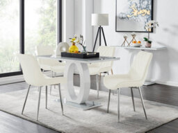 Furniturebox Giovani Rectangular 4 Seat White High Gloss Unique Halo Base Dining Table Grey Glass Top 4 Cream Velvet Silver Leg Pesaro Chairs - thumbnail 1