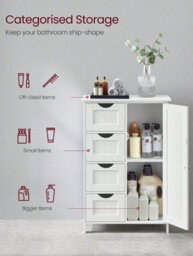 LEDREM Bathroom Floor Storage Cabinet, Bathroom Storage Unit With 4 Drawers, Freestanding Bathroom Cabinet With 1 Door, 30 X 55 X 82 Cm - thumbnail 4