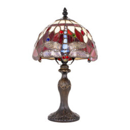 Happy Homewares Hand Crafted Red Stained Glass Dragonfly Tiffany Lamp