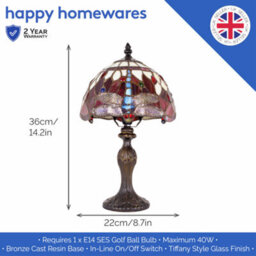 Happy Homewares Hand Crafted Red Stained Glass Dragonfly Tiffany Lamp - thumbnail 6