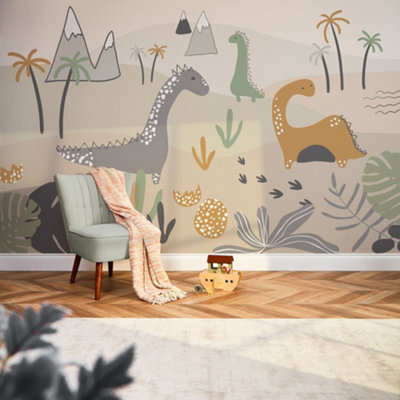 I Love Wallpaper Friendly Dinos Mural In Earthy Tones - image 1