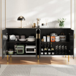 Btm Black Sideboard 152X40X75Cm With Wave Design And Gold Handles Modern Cabinet For Dining Room Use - thumbnail 3