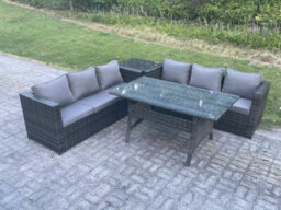 Fimous Pe Wicker Outdoor Garden Furniture Set Patio Rattan Rectangular Dining Table Lounge Sofa With Side Table 6 Seater - thumbnail 1