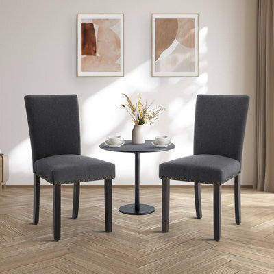 London Boutique 2 Pack Parsons Dining Chairs, Linen Upholstered High Back Kitchen Chairs, Nailhead Trim, Wooden Legs, Dark Grey - image 1