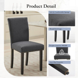 London Boutique 2 Pack Parsons Dining Chairs, Linen Upholstered High Back Kitchen Chairs, Nailhead Trim, Wooden Legs, Dark Grey - thumbnail 4
