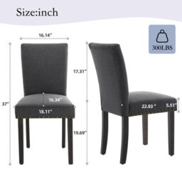 London Boutique 2 Pack Parsons Dining Chairs, Linen Upholstered High Back Kitchen Chairs, Nailhead Trim, Wooden Legs, Dark Grey - thumbnail 2