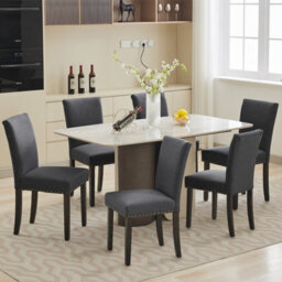London Boutique 2 Pack Parsons Dining Chairs, Linen Upholstered High Back Kitchen Chairs, Nailhead Trim, Wooden Legs, Dark Grey - thumbnail 3