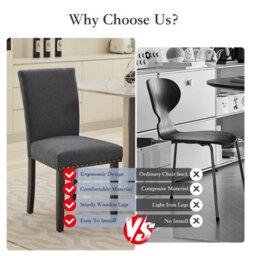 London Boutique 2 Pack Parsons Dining Chairs, Linen Upholstered High Back Kitchen Chairs, Nailhead Trim, Wooden Legs, Dark Grey - thumbnail 6