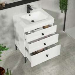 Royal Bathrooms Royal Bathroom Verona 600mm Gloss White 3-Drawer Floor Standing Bathroom Vanity Unit With Carrara White Basin & Matt Black Knob - thumbnail 5