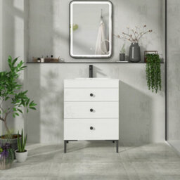 Royal Bathrooms Royal Bathroom Verona 600mm Gloss White 3-Drawer Floor Standing Bathroom Vanity Unit With Carrara White Basin & Matt Black Knob - thumbnail 4