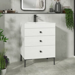 Royal Bathrooms Royal Bathroom Verona 600mm Gloss White 3-Drawer Floor Standing Bathroom Vanity Unit With Carrara White Basin & Matt Black Knob - thumbnail 1