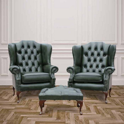 Chesterfield Pair High Back Wing Chair + Footstool Antique Green Leather In Mallory Style - image 1