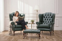 Chesterfield Pair High Back Wing Chair + Footstool Antique Green Leather In Mallory Style - thumbnail 2
