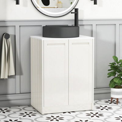 Royal Bathrooms Royal Bathroom Elmore 600mm Classic White Freestanding Bathroom Vanity Unit 2 Door Plain White Worktop With Art Round Basin - image 1