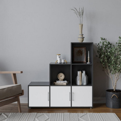 Urbn-Living Urbnliving 91Cm Height 6 Cube Step Black Storage Bookcase Shelf Unit White Wooden Door With Metal Handle - image 1