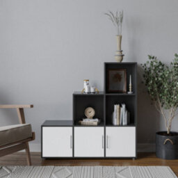 Urbn-Living Urbnliving 91Cm Height 6 Cube Step Black Storage Bookcase Shelf Unit White Wooden Door With Metal Handle - thumbnail 1