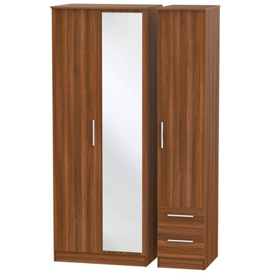 Trent Tall Triple Mirror Side Drawer Wardrobe In Noche Walnut (Ready Assembled)