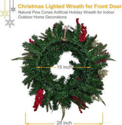 Artificial Christmas Wreath 60Cm Pre Lit With 35 Led Lights And Timer Faux Greenery With Berries Cones And Bow Battery Operated - thumbnail 7