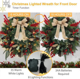 Artificial Christmas Wreath 60Cm Pre Lit With 35 Led Lights And Timer Faux Greenery With Berries Cones And Bow Battery Operated - thumbnail 5