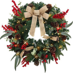 Artificial Christmas Wreath 60Cm Pre Lit With 35 Led Lights And Timer Faux Greenery With Berries Cones And Bow Battery Operated - thumbnail 1