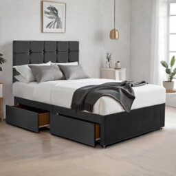 Black Plush 6Ft Super King Size Bed With Matttress  2 Storage Drawers And 20 Inch Cubic Headboard - thumbnail 1