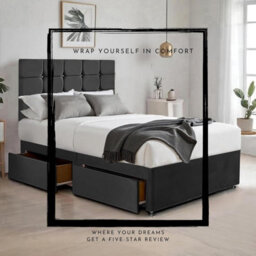 Black Plush 6Ft Super King Size Bed With Matttress  2 Storage Drawers And 20 Inch Cubic Headboard - thumbnail 4