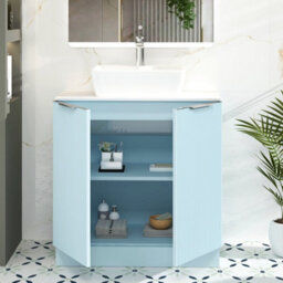 Royal Bathrooms Evora 800mm Powder Blue Fluted Floor Standing Vanity Unit 2 Door With Carrara White Undrilled Worktop - thumbnail 3